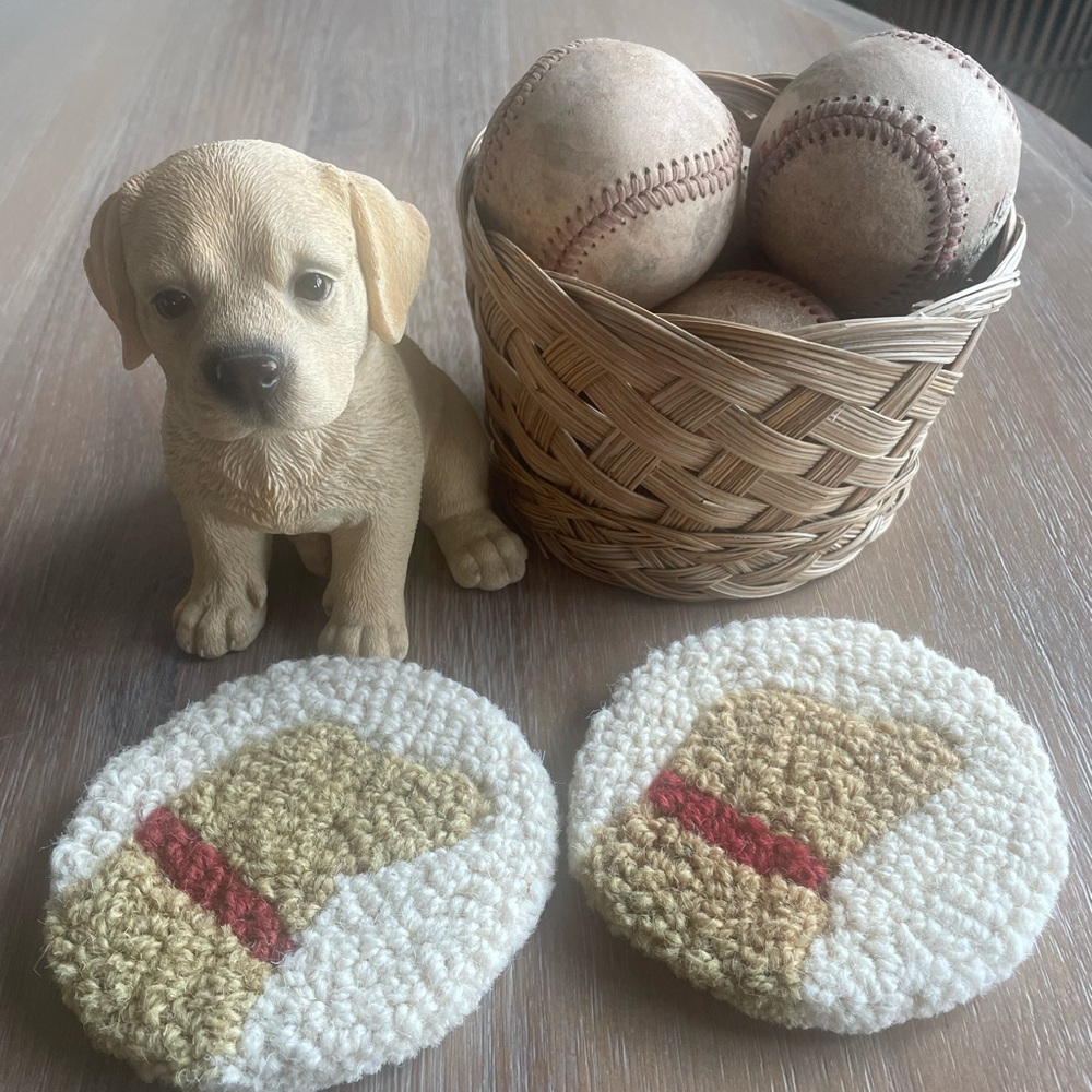 Vintage Baseballs with Basket, Coasters, and Labrador Dog